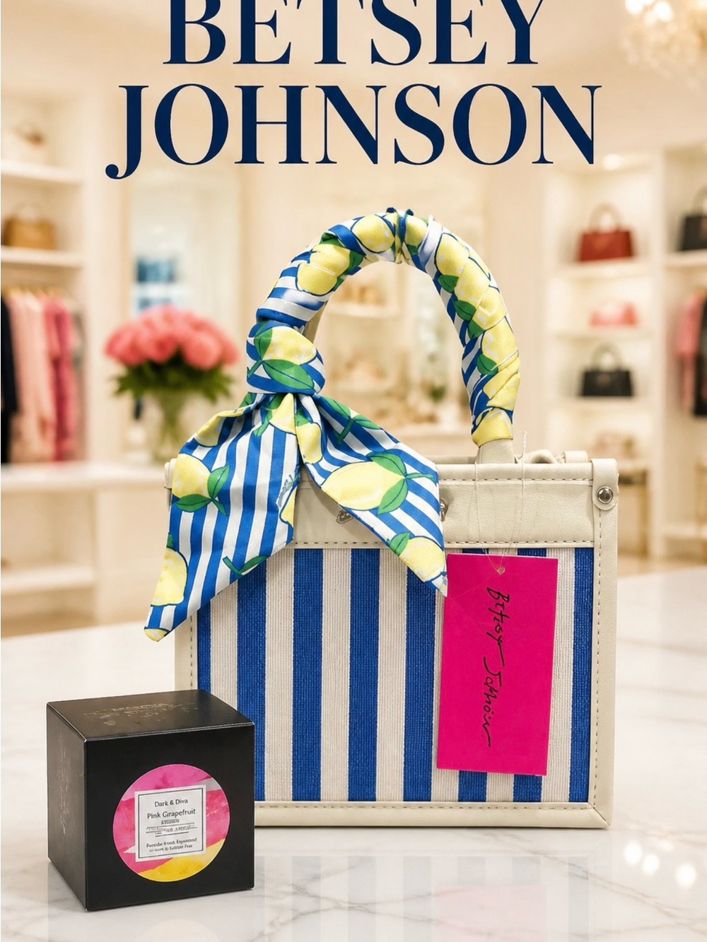 Betsey Johnson Blue and White Striped Canvas Tote with Lemon Scarf NWT